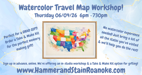 06/04/26 (Thursday) Watercolor Travel Map Workshop! 6pm - 730pm